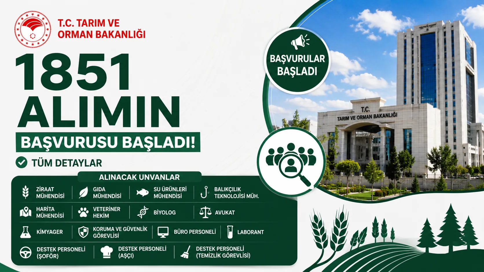 TARIM VE ORMAN BAKANLIĞI BAŞVURULARI BAŞLADI  1851 KİŞİLİK ATAMA İÇİN TÜM ÖNEMLİ DETAYLAR BAŞVURU NEREDEN NASIL YAPILIR