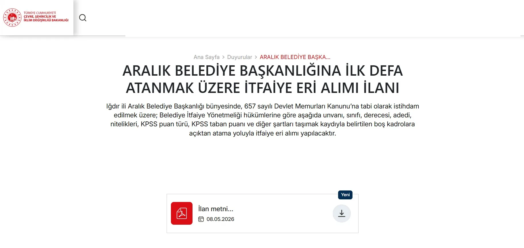 Aralık Belediyesi Yeni Atama Detaylar