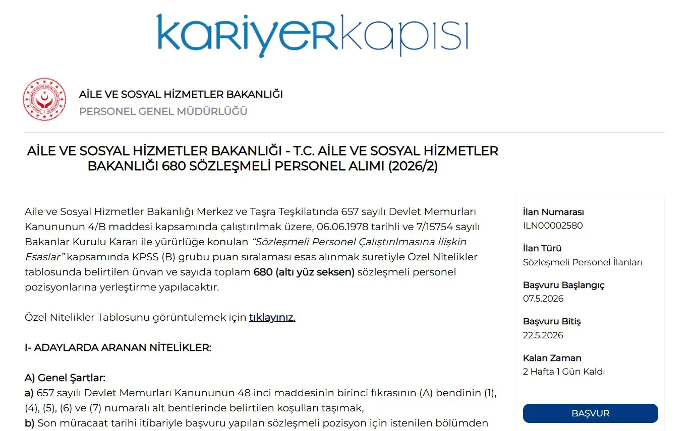 AİLE VE SOSYAL HİZMETLER BAKANLIĞI  680 PERSONEL ALIMI İLANI TÜM DETAYLAR